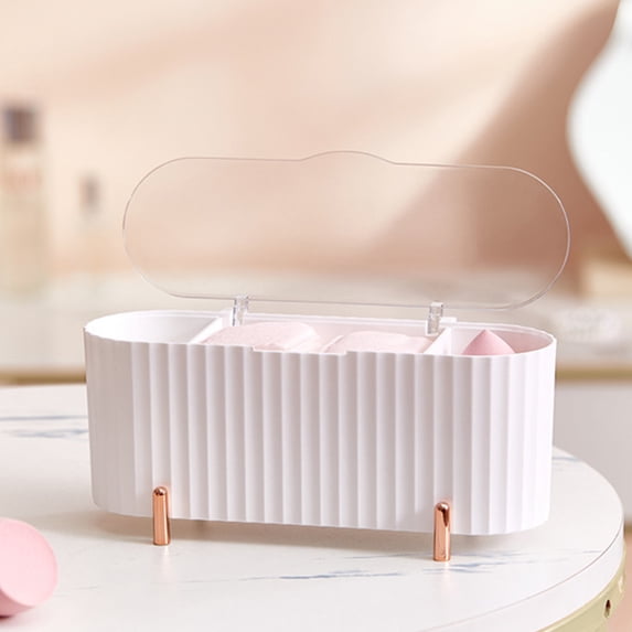 1 Pc Makeup Organizer Storage Box — 8.4in x 3.4in x 3.6in, Transparent Cover, 4 Compartment Countertop Container for Cosmetic & Vanity(White)