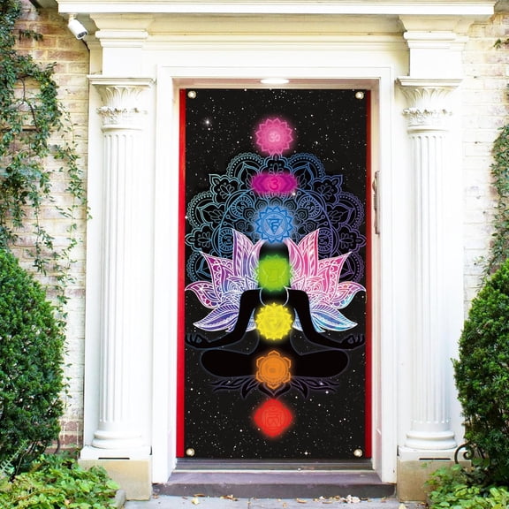 1 Pc Meditation Welcome Polyester Door Cover Colorful Seven Backdrop Banner Door Porch Sign otogray Background for Indoor Outdoor