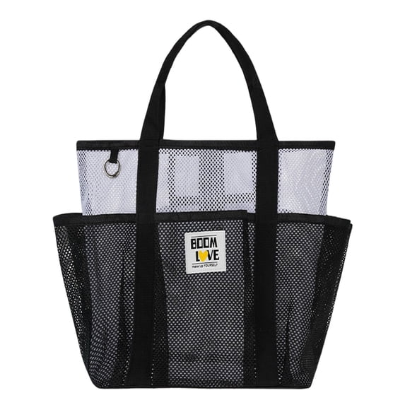 1 Pc Mesh Beach Bag with Zipper Large Beach Tote for Women Beach Bags Waterproof Sandproof Toys Pool Swim Bag Travel Vacation Cruise Essentials, 11.22x7.09x11.02 Inch, Black-white