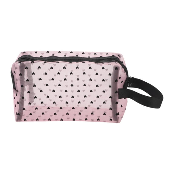 1 Pc Mesh Flocking Heart Pattern Makeup Bag for Outdoor Activities Pink Mesh Fabric