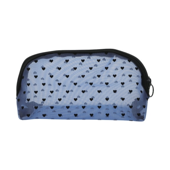 1 Pc Mesh Flocking Heart Pattern Makeup Bag for Vacation Business Travel Blue Mesh Fabric