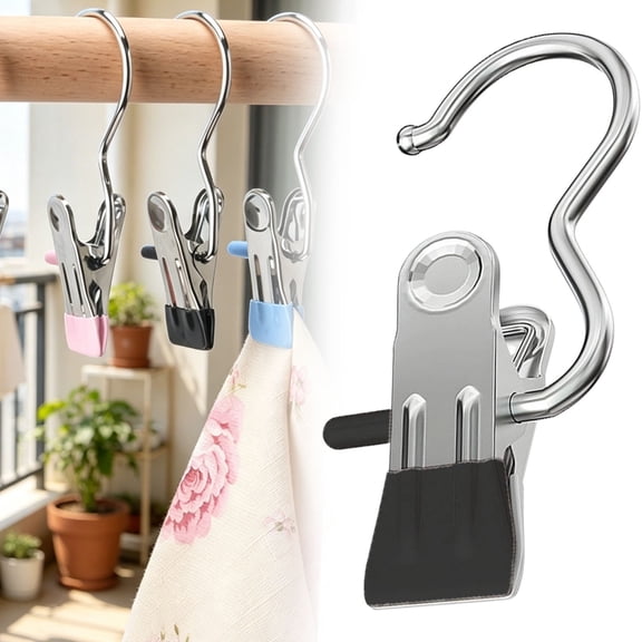 1 Pc Metal Hanging Clips with Hooks,Heavy-Duty Rust-Resistant Laundry Clips with Anti-Slip Tips,Multi-Purpose Hooks for Clothes,Towels,Curtains,Bathroom,Kitchen & Balcony