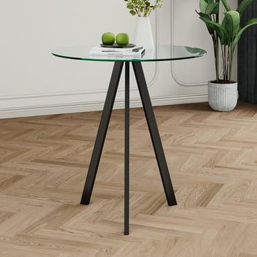 1 Pc Modern Kitchen Glass Dining Table  ROUND  Tempered Glass Grey 31.5" BAR Table Top,Clear BAR Table Metal Legs,BLACK Legs