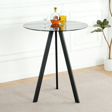 1 Pc Modern Kitchen Glass Dining Table  ROUND  Tempered Glass Grey 31.5" BAR Table Top,Clear BAR Table Metal Legs,BLACK Legs