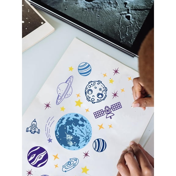 1 Pc Moon Planets Stars Silk Screen Stencil Self-Adhesive Silk Screen Printing Stencil for Painting on Wood Chalkboard T-Shirt Fabric DIY Decoration Home Decor 28x22cm Colorful