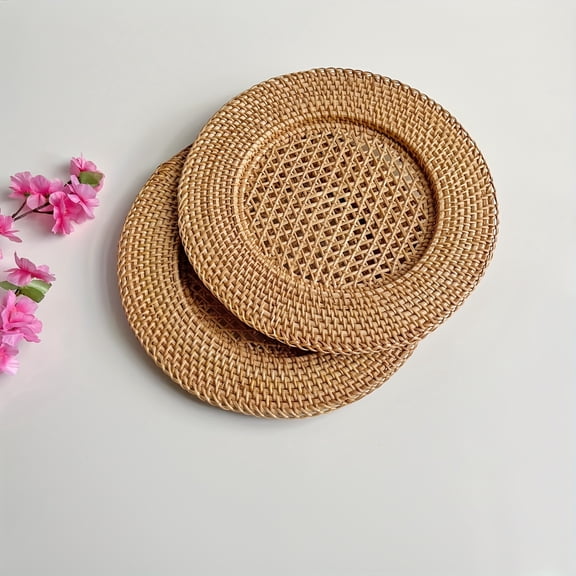 1 Pc Natural Rattan Decorative Tray, 13 Inch Woven Rustic Table Display Platter, Lightweight Boho Farmhouse Centerpiece for Dining Table Kitchen Party Home Decor
