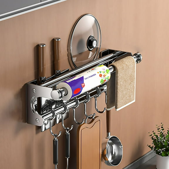 1 Pc No-Drill Stainless Steel Kitchen Organizer Rack — 11.8in x 3.5in x 3.5in, High Load-Bearing 304 Steel with 6 Hooks for Utensils, Lids & Cutting Boards