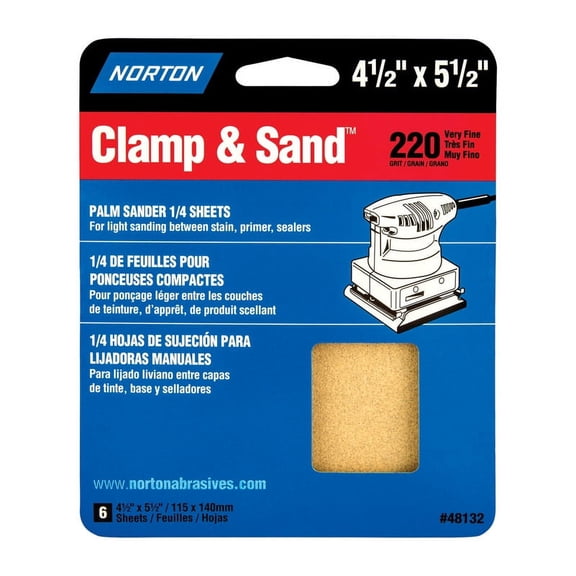 1 Pc, Norton Clamp & Sand 5-1/2 In. L X 4-1/2 In. W 220 Grit Aluminum Oxide 1/4 Sheet Sandpaper 6 Pk