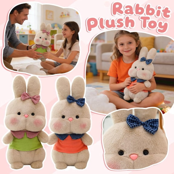 1 Pc Orange Plush Bunny Stuffed Animal, Soft Cute Cartoon Rabbit Toy with Adorable Gingham Bow, Cuddly Fluffy Companion for Snuggling, Playing, Bedroom Decor, Suitable for Family, Adults and Kids