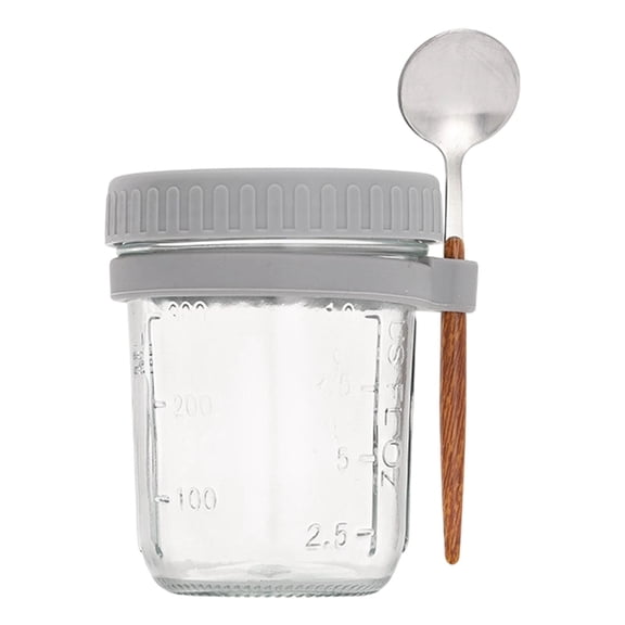 1 Pc Overnight Oats Containers with Lids and Spoons 12oz Glass Mason Jars for Overnight Oats Leak Proof Oatmeal Container Great for Cereal Fruit Vegetable Milk Yogurt Meal Prep, 4.4"x3.42", Gray