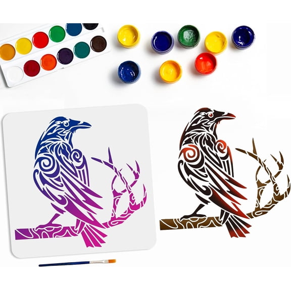 1 Pc PET Hollow Out Drawing Painting Stencils for DIY Scrapbook Photo Album with 1Pc Art Paint Brushes Raven 300x300mm colorful