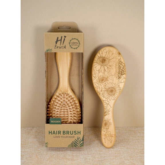 1 Pc Personalised Sun Flower Large Square Air Cushion Comb With Box, Bamboo Paddle Hair Brush With Handle, Natural Bamboo Comb Paddle Detangling Hairbrush, Suit For Women Men And Kids
