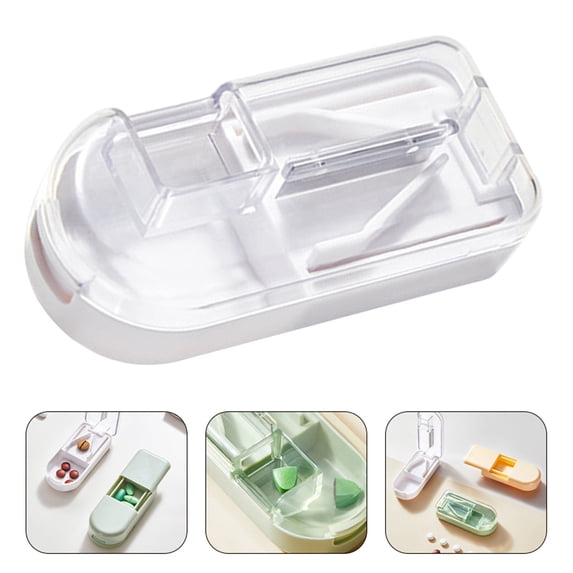 1 Pc Pill Cutter Splitter for Small and Tiny Pills or Large Pills V-Shaped Design for Multiple Sizes Safety Blade Guard Built-in Small Brush & Sliding Door Pill Storage, 3.23"x1.46"x0.98", White