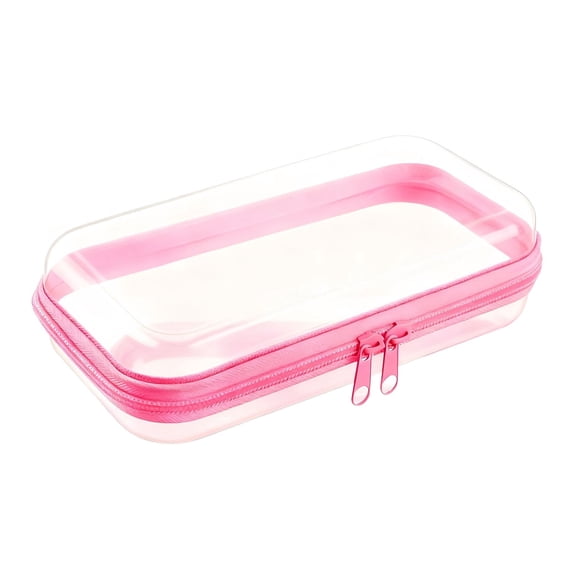 1 Pc Pink Clear Pencil Case, 9.8" Hard Shell Transparent Makeup Bag & Electronic Cord Organizer, Rigid Desktop Storage Pouch