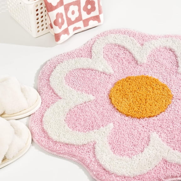 1 Pc Pink Flower Round Bath Mat Ultra Soft Fluffy Non Slip Water Absorbent Washable Bathroom Rug
