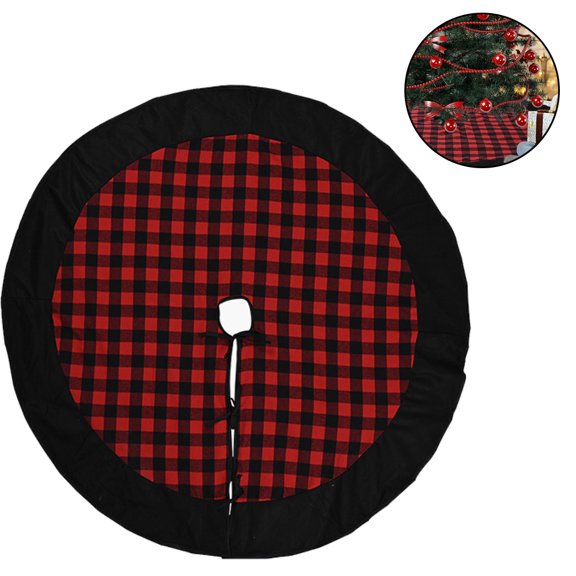 1 Pc Plaid Christmas Tree Skirt - Black and Red Checked Tree Skirts Mat for Christmas Holiday Party Decorations