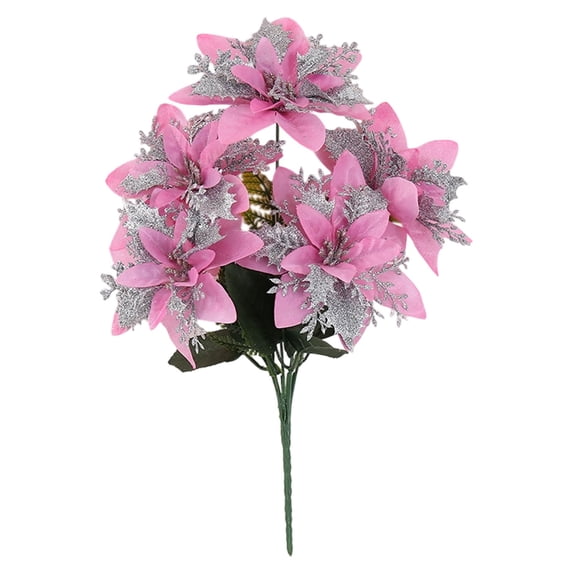 1 Pc Poinsettia Artificial Flowers Decorations Flowers Ornaments Glitter Faux Flowers Garland Decoration Glitter Flowers Picks Decor for Wedding Party Ornaments, 13.78 Inch, Silver Pink