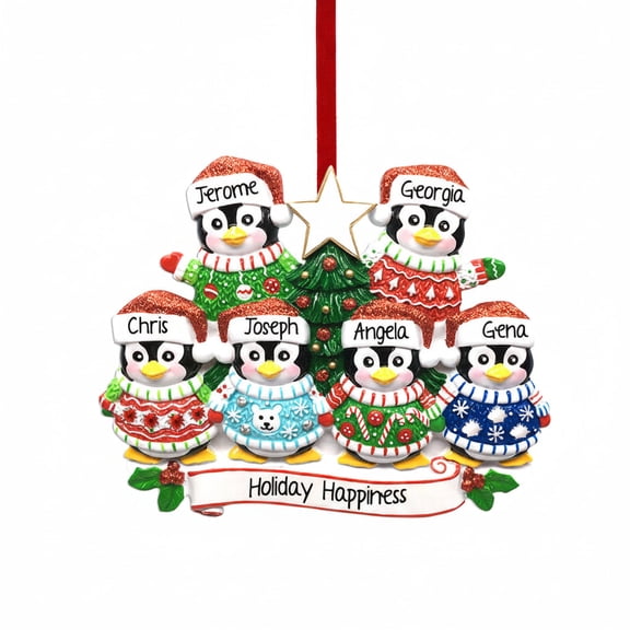 Penguin Christmas Sweater Family of 6 Ornament