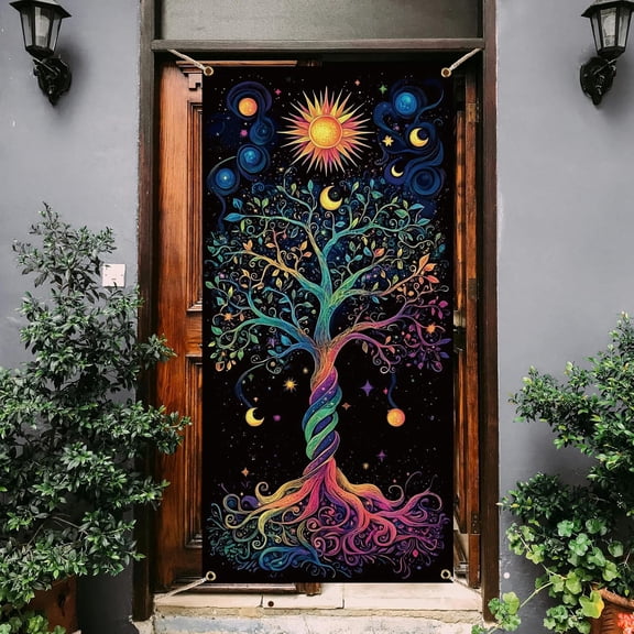 1 Pc Polyester Tree of Life Pattern Door Cover Botanical Theme Colorful Tree of Life Backdrop Banner Decoration for Indoor Outdoor Porch Home Decor Accessories 1set