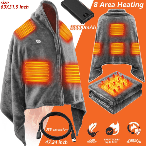1 Pc Portable Heating Electric Blanket USB Heated Blanket Throw with 8 Heating Zone and 3-Temperature Settings Electric Wrap Wearable Shawl Electric Heating Blanket Cordless Throw Blanket, Gray