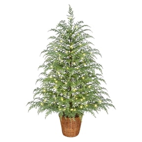 1 Pc Pre-Lit Green Cypress Artificial Christmas Potted Tree with 100 Warm White Twinkle LED Lights, 35"