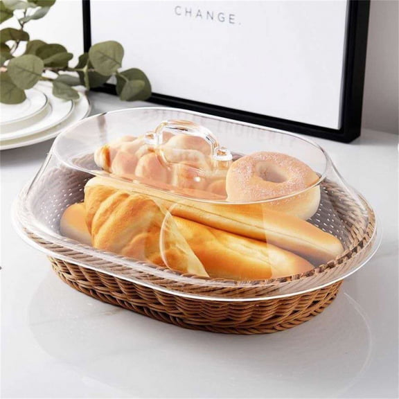1 Pc Rattan Bread Baskets Oval Woven Baskets with Acrylic Lids Imitation Rattan Bread Basket Wicker Bread Baskets for Bread, Fruit, Food Display, 13.39x8.86x5.12 Inch, Coffee
