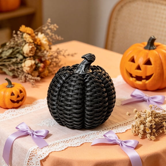1 Pc Rattan Style Resin Pumpkin Decor Distressed Pumpkin Statue Artificial Craft Ornament for Halloween Thanksgiving Home Desktop Decoration, 4.5x3.9 Inch, Black