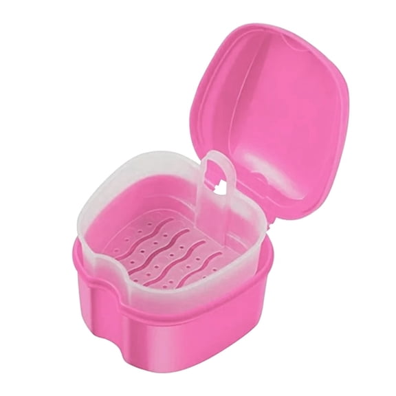 1 Pc Red Denture Case, Denture Cup with Strainer, Denture Bath Box False Teeth Storage Box with Basket Net Container, Mouth Guard Storage Case for Travel, Retainer Cleaning, 3.7x3.66x2.59 inch