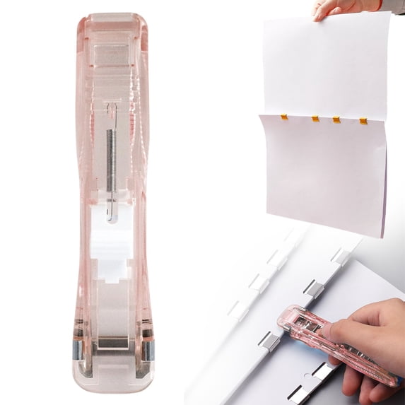 1 Pc Reusable Creative Binder Clip Stapler Portable Mini Clips Desktop Push Staplers Handheld Stapler Staples for Desk Durable Clam Clip Dispensers for Document Home, 4.52"x0.98", Pink