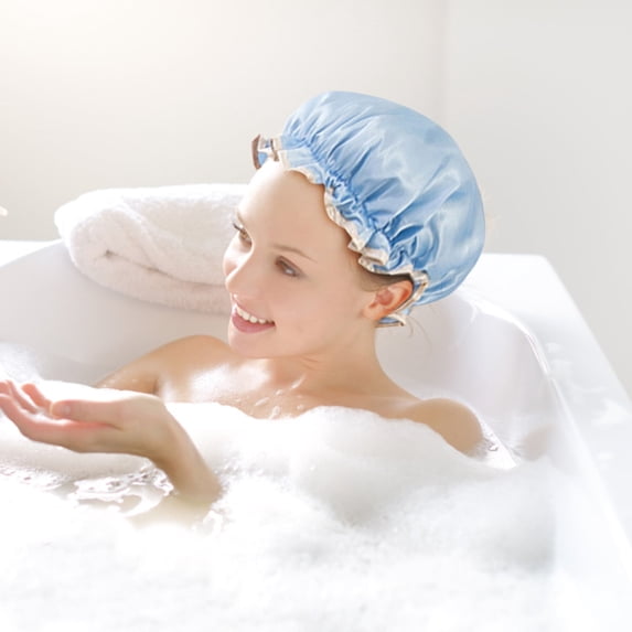 1 Pc Reusable Shower Cap for Women, Blue Double Layer PEVA Lined Waterproof Bath Caps with Adjustable Drawstring, Hair Cap for Short Hair (Spa & Home Use)