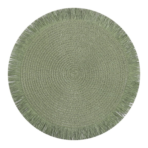 1 Pc Round Braided Placemat Heat Resistant Table Mat with Fringe Design Non Slip Round Woven Placemat Washable Simple Cutlery Mat for Kitchen, Restaurant, 14.96 Inch, Green