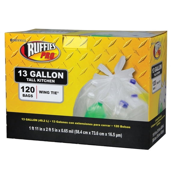 1 Pc, Ruffies Pro 13 Gal Tall Kitchen Bags Wing Ties 120 Pk 0.65 Mil