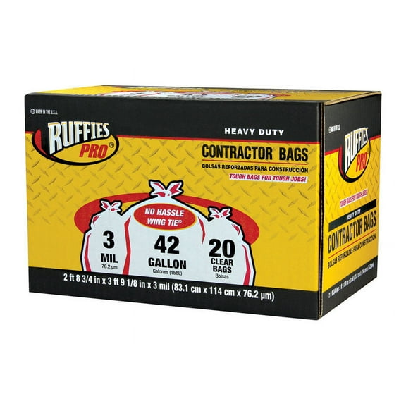 1 Pc, Ruffies Pro 42 Gal Contractor Bags Wing Ties 20 Pk 3 Mil