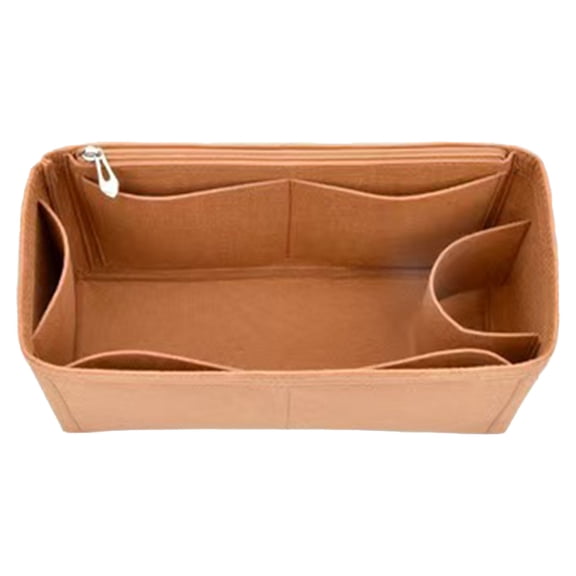 1 Pc Side Zipper Bag Insert Organizer, Fabric Handbag Liner with Handles, Structured Purse Insert for Makeup Cosmetics Storage, One Size, Brown Side Zipper