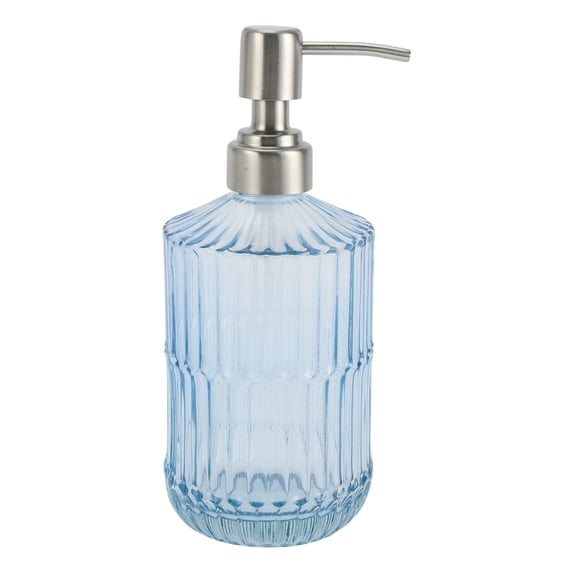 1 Pc Simple Vertical Lines Soap Pump Dispenser for Bath 450ml Clear Blue Silver Tone