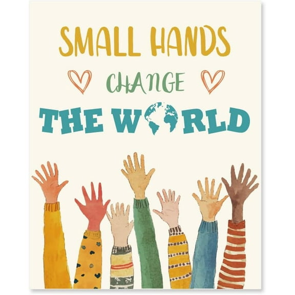 1 Pc Small Hands Change The World Poster Hand Earth Painting Classroom Decor Inspirational Playroom Nursery Art Decor Picture Educational Poster for Kindergarten School 25.4x20.5cm/10x8
