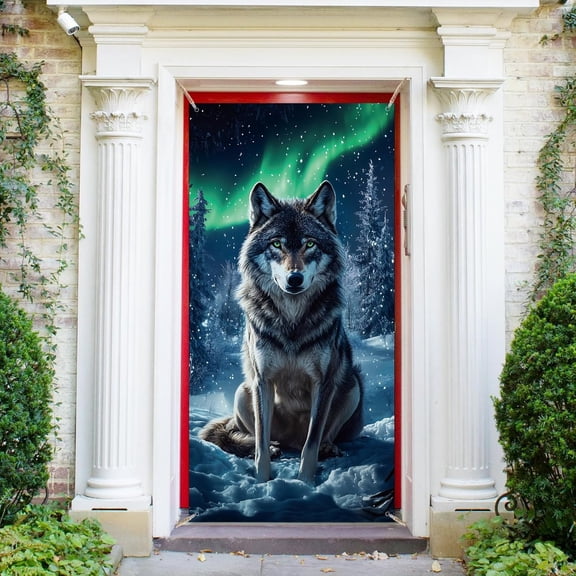 1 Pc Snow Wolf Theme Polyester Door Cover 72.83"x35.43" Wolf Sitting in Snow Backdrop Banner Door Porch Sign otogray Background