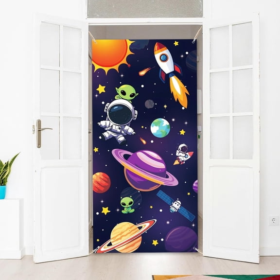 1 Pc Space Adventure Polyester Door Cover Astronauts Planets Rockets Backdrop Banner Door Porch Sign otogray Background