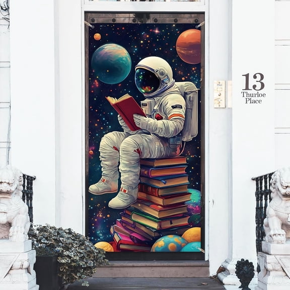 1 Pc Space Reading Polyester Door Cover Astronauts Reading on Books Backdrop Banner Door Porch Sign otogray Background