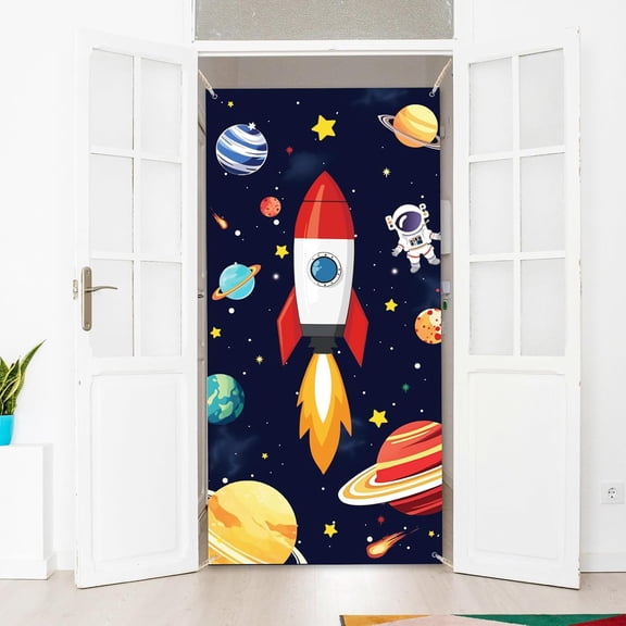 1 Pc Space Rocket Polyester Door Cover Cartoon Space Rockets Planets Backdrop Banner Door Porch Sign otogray Background