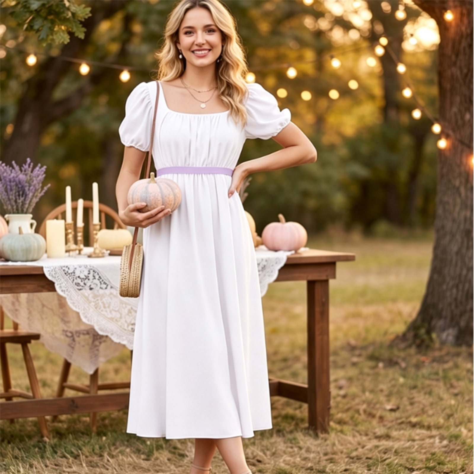1-Pc Square Neck Puff Sleeve Regency Dress for Women, Halloween High-Waist Empire Waist Ball Gown — Vintage Cotton Blend Maxi Skirt with Elasticated Bodice for Cosplay Party Purple S