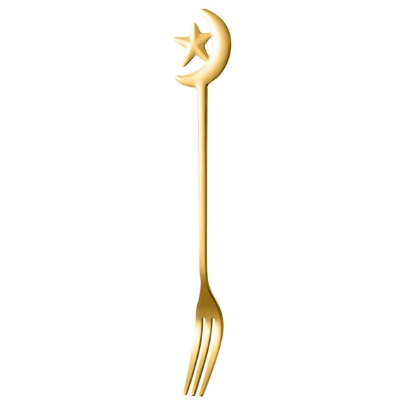 1 Pc Stainless Steel Coffee Fork with Star and Moon Design Dessert Fork Tableware Kitchen Tools Mini Demitasse Espresso Fork for Sugar Tea Drink Ice Cream Stirring, 5.2x0.47 Inch, Gold Fork