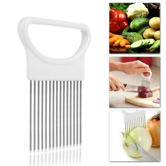 1 Pc Stainless Steel Onion Holder for Slicing, 15 Stitches Onion Slicer Holder, Onion Cutter for Slicing of Onions, Tomatoes, Avocados, Eggs and Other Vegetables, KItchen Utensils, 15 Stitches White