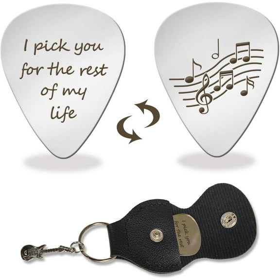 1 Pc Stainless Steel Picks Plectrums I Pick You for the Rest of My Life Plectrum with Leather Holder Guitar Picks for Friend Lover Metal Grip Pick for Electric-Acoustic Bass