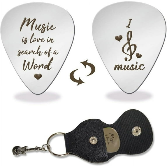 1 Pc Stainless Steel Picks Plectrums Music is Love in Search of a Word Plectrum with Leather Holder Guitar Picks for Friends Musician Metal Grip Pick for Electric-Acoustic Bass for diy
