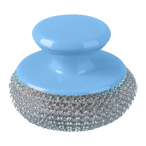 1 Pc Stainless Steel Sponges with Plastic Detachable Handle, Scrubbing Scouring Pad, Steel Wool Scrubber for Kitchens, Bathroom and More, 3.14x2.16 Inch, Blue