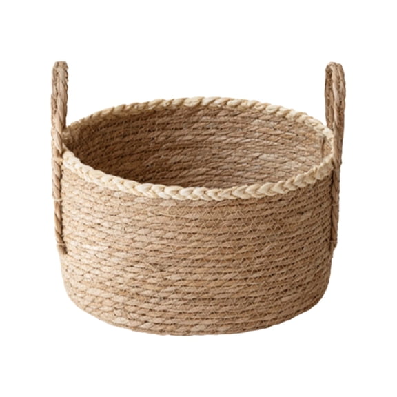 1 Pc Straw Storage Basket with Handles Woven Organizer Sundries Basket Organizer Box Round Nesting Basket Rattan Grass Woven Flower Basket for Plant, Pots, Clothes, 11x10.6 Inch, Small