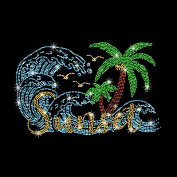 1 Pc Summer Series Rhinestone Iron on Hotfix Transfer Decal Coconut Tree Sea Wave Bling DIY Patch Clothing Repair Applique T-Shirt Vest Shoes Hat Jacket Decor Clothing DIY Accessories