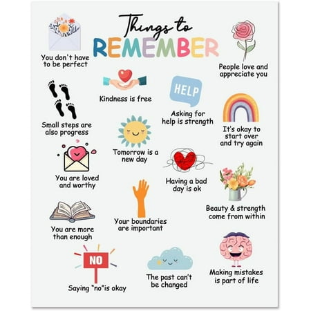 1 Pc Things to Remember Mental Health Poster Kindness Is Free Therapy Office Decor Unframed Sun Flower Rainbow Wall Art for Counseling Office Must Haves 8x10inch(20.5x25.4cm) DIY