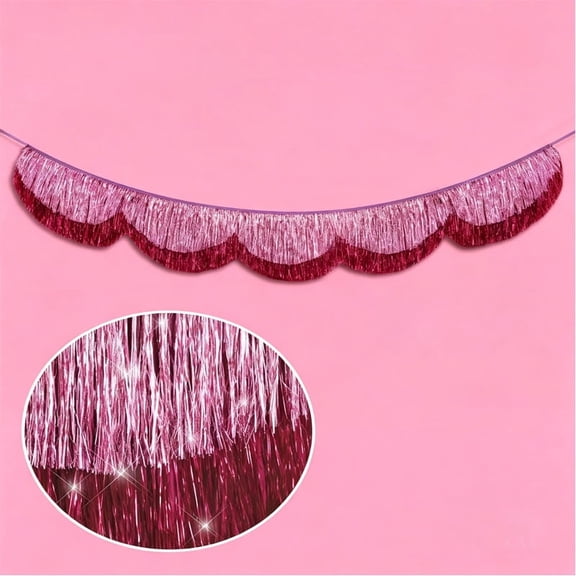 1 Pcs Tinsel Fringe Scalloped Edge Garland - Light Pink to Magenta Color Block Party Streamer, 200cm/78.74 Inch, Suitable for Birthday Party, Dessert Table, Wedding & Backdrop Layout